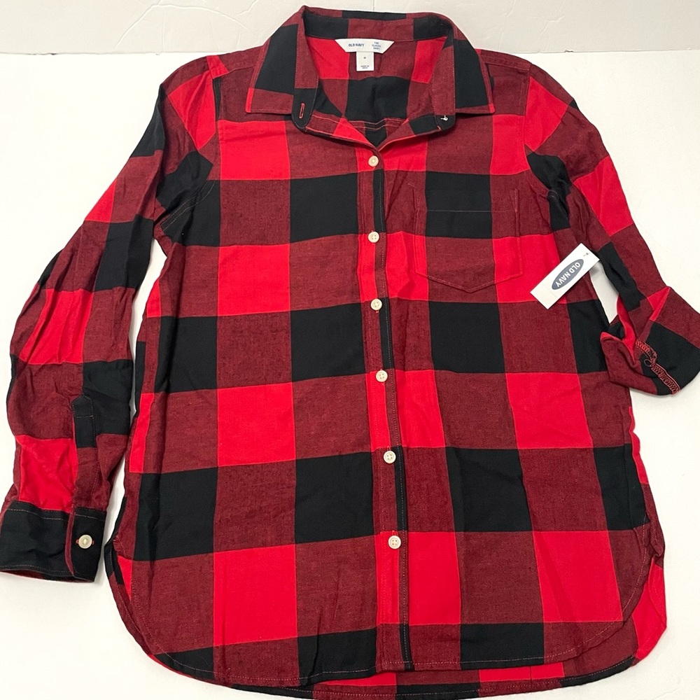 NWT Old Navy Flannel Shirt Women's  Red Black Plaid Button Up Long Sleeve Size M